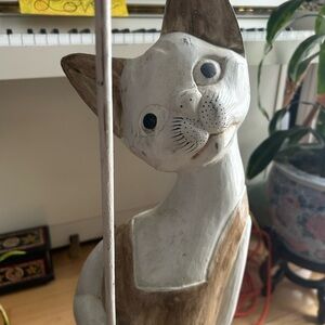 Handcrafted Large Wooden Artisan Cat Figurine Indonesia  - Cream and Brown